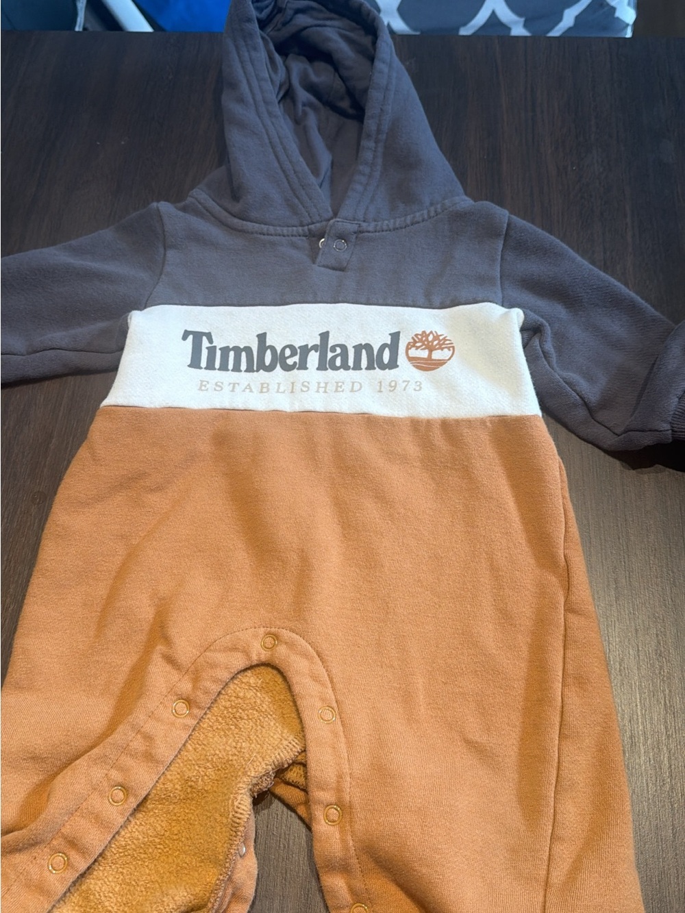 Timberland Colorblock Hooded Baby Romper in Brown, White, Tan -12 month